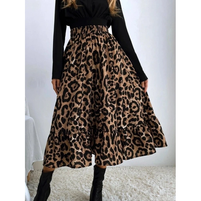 Kadın Uzun Kollu Kruvaze Yakalı Ithal Krep Bluz Ve Leopar Desenli Süprem Uzun Elbise