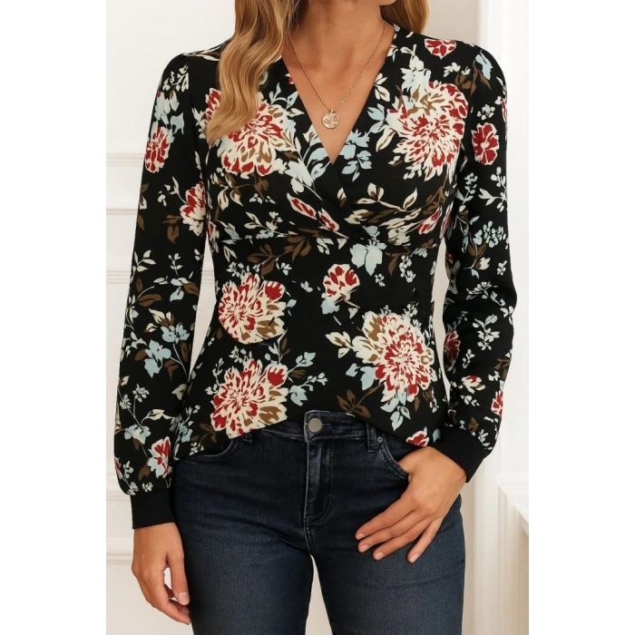 Kadın Uzun Kollu Kruvaze Yakalı Kelebek Desenli şardonlu Dalgıç Bluz