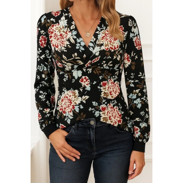 Kadın Uzun Kollu Kruvaze Yakalı Kelebek Desenli şardonlu Dalgıç Bluz