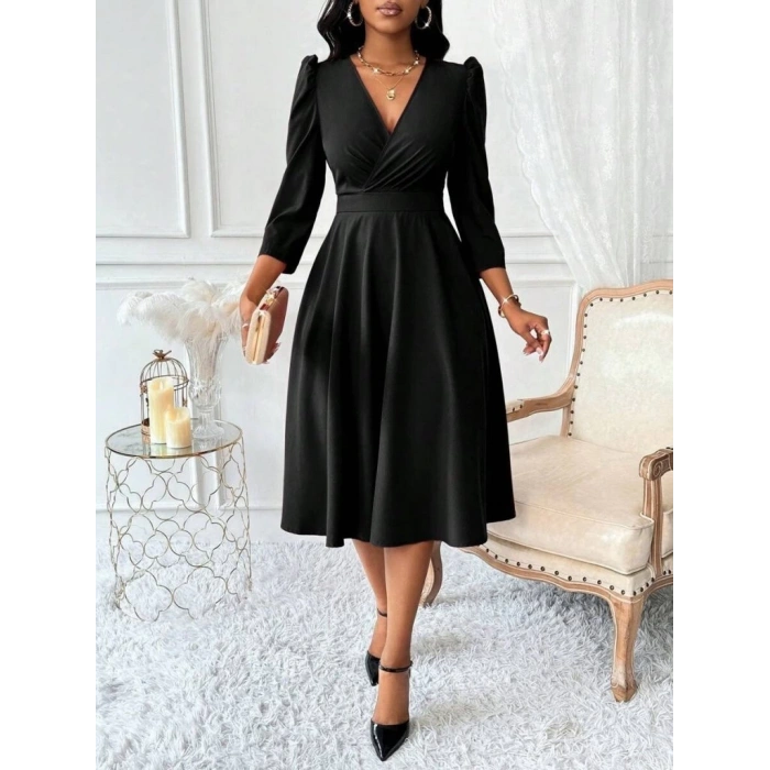 Kadın Uzun Kollu Kruvaze Yakalı Kiloş Ithal Krep Elbise