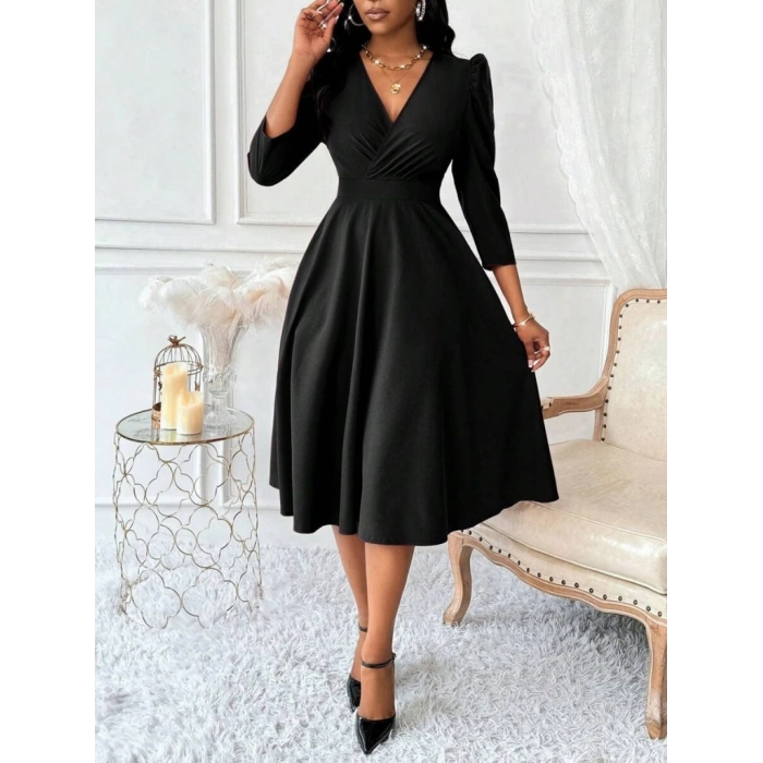 Kadın Uzun Kollu Kruvaze Yakalı Kiloş Ithal Krep Elbise