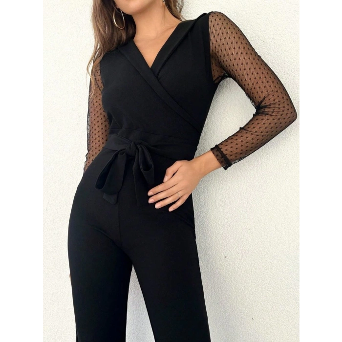 Kadın Uzun Kollu Kruvaze Yakalı Kolları Tül Detay Beli Kuşaklı Ithal Krep Tulum