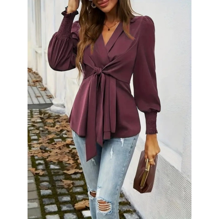Kadın Uzun Kollu Kruvaze Yakalı önden Bağlamalı Ithal Krep Bluz