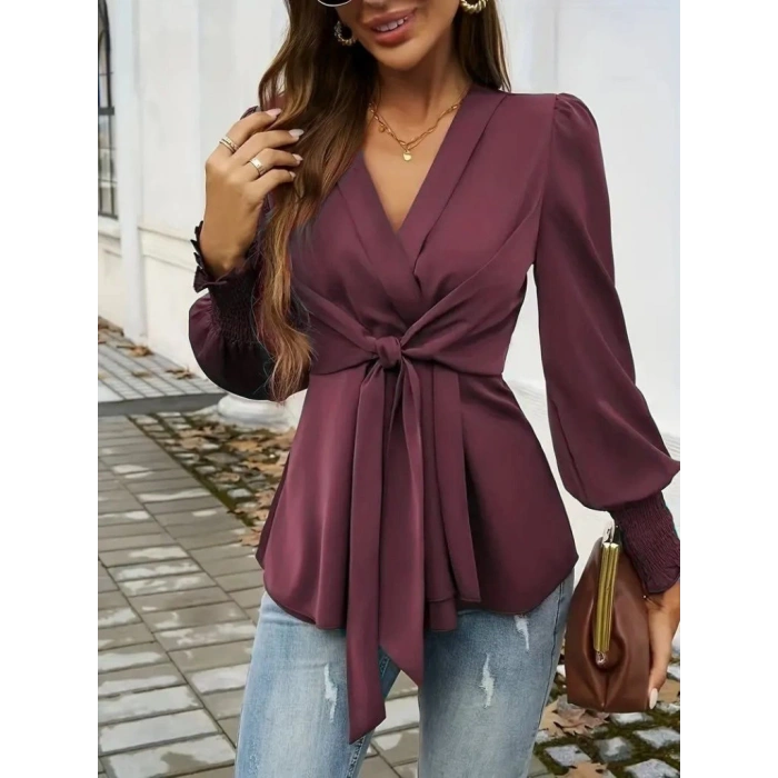 Kadın Uzun Kollu Kruvaze Yakalı önden Bağlamalı Ithal Krep Bluz