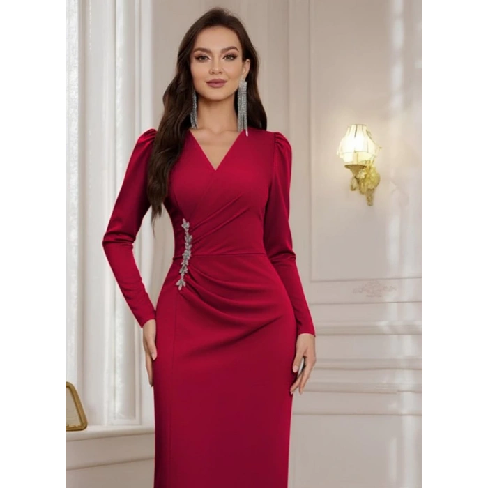Kadın Uzun Kollu Kruvaze Yakalı Yanları Taşlı Yırtmaçlı Uzun Ithal Krep Elbise
