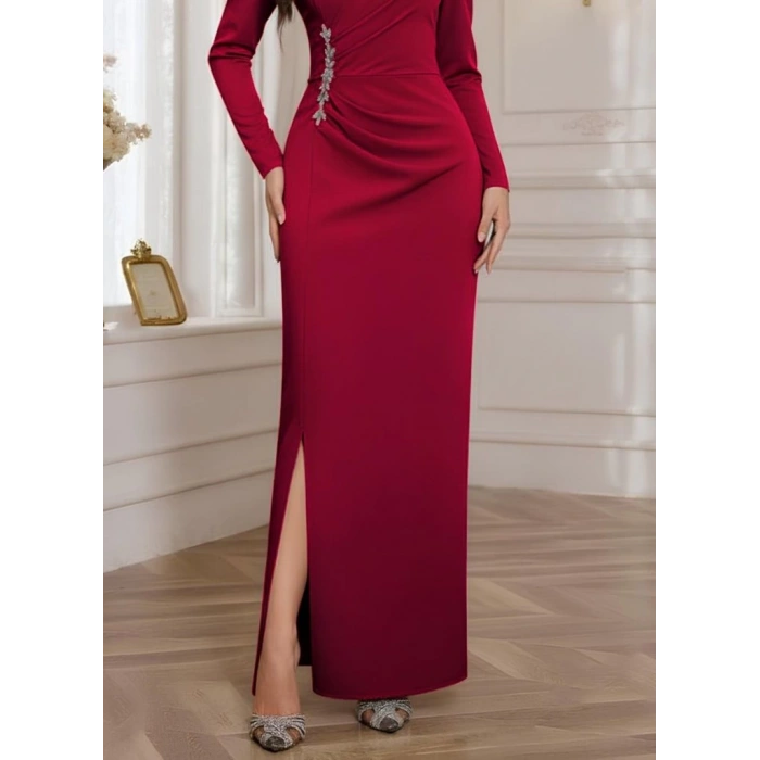Kadın Uzun Kollu Kruvaze Yakalı Yanları Taşlı Yırtmaçlı Uzun Ithal Krep Elbise