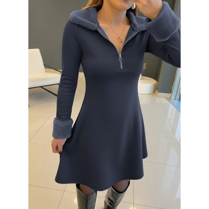 Kadın Uzun Kollu Kürk Yakalı Fermuarlı Mini Viskon Iki Iplik Elbise