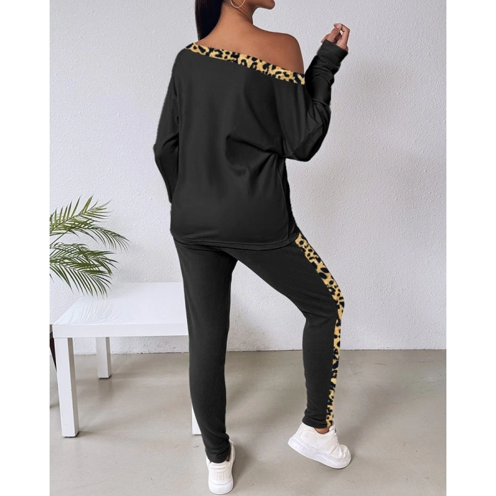 Kadın Uzun Kollu Leopar Detay Viskon Iki Iplik Ikili Takım