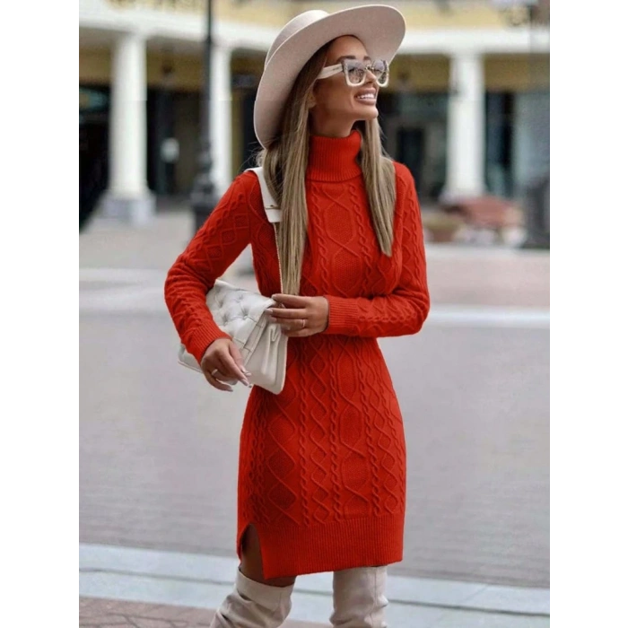 Kadın Uzun Kollu Loren Yünlü Motifli Midi Boy Triko Elbise