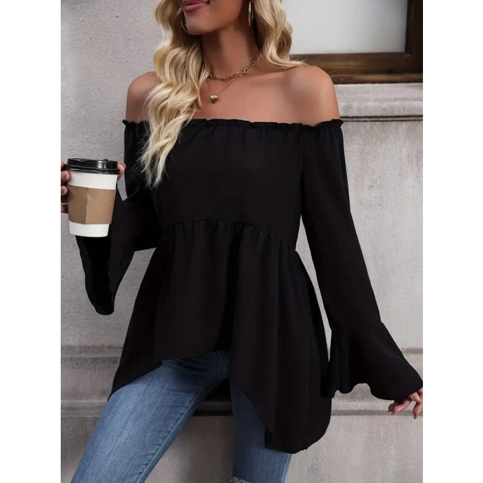 Kadın Uzun Kollu Madonna Yaka Asimetrik Detaylı Kolları Ispanyol Viskon Bluz