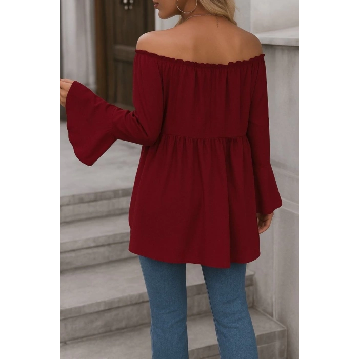 Kadın Uzun Kollu Madonna Yaka Asimetrik Detaylı Kolları Ispanyol Viskon Bluz