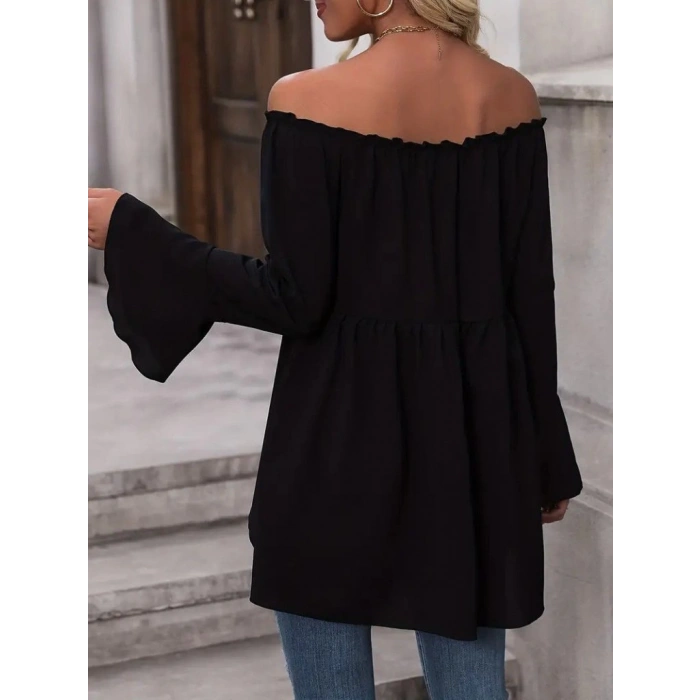 Kadın Uzun Kollu Madonna Yaka Asimetrik Detaylı Kolları Ispanyol Viskon Bluz