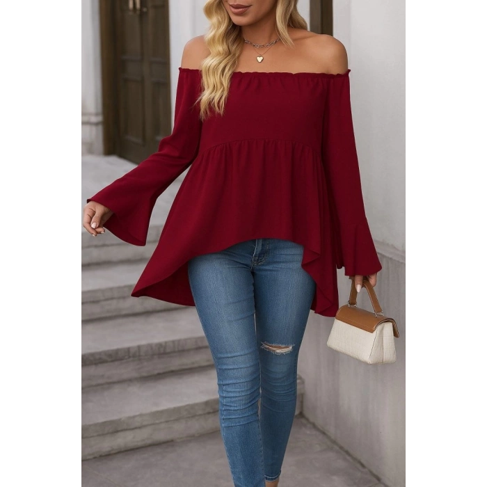 Kadın Uzun Kollu Madonna Yaka Asimetrik Detaylı Kolları Ispanyol Viskon Bluz