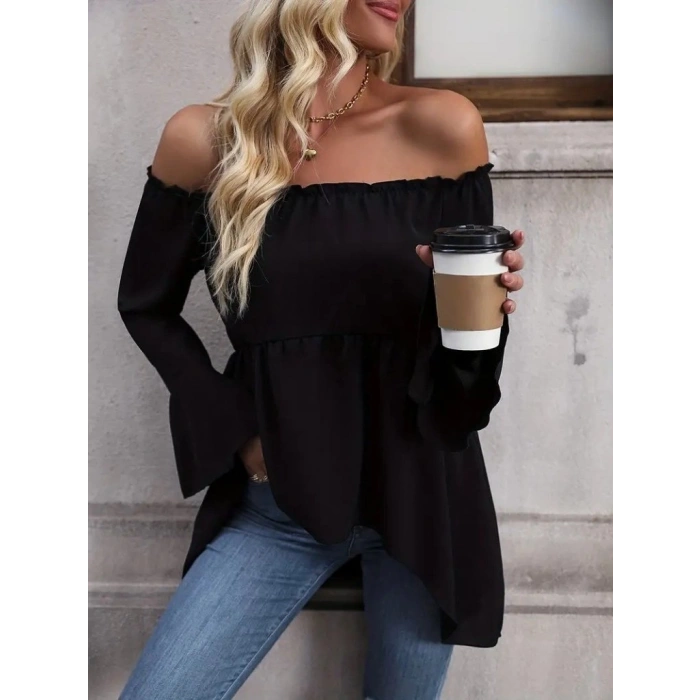 Kadın Uzun Kollu Madonna Yaka Asimetrik Detaylı Kolları Ispanyol Viskon Bluz