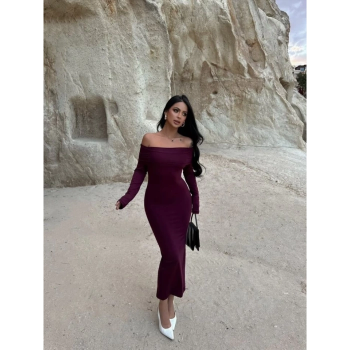 Kadın Uzun Kollu Madonna Yaka Midi Boy Elbise