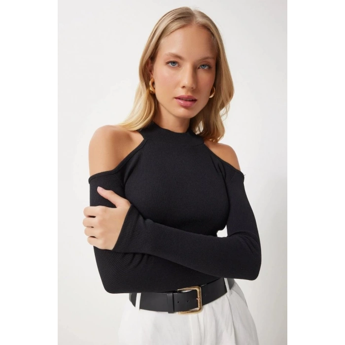 Kadın Uzun Kollu Omuz Dekolteli Kaşkorse Kumaş Bluz