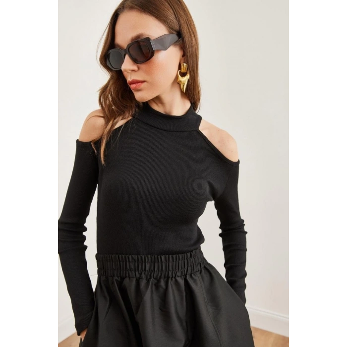 Kadın Uzun Kollu Omuz Dekolteli Kaşkorse Kumaş Bluz