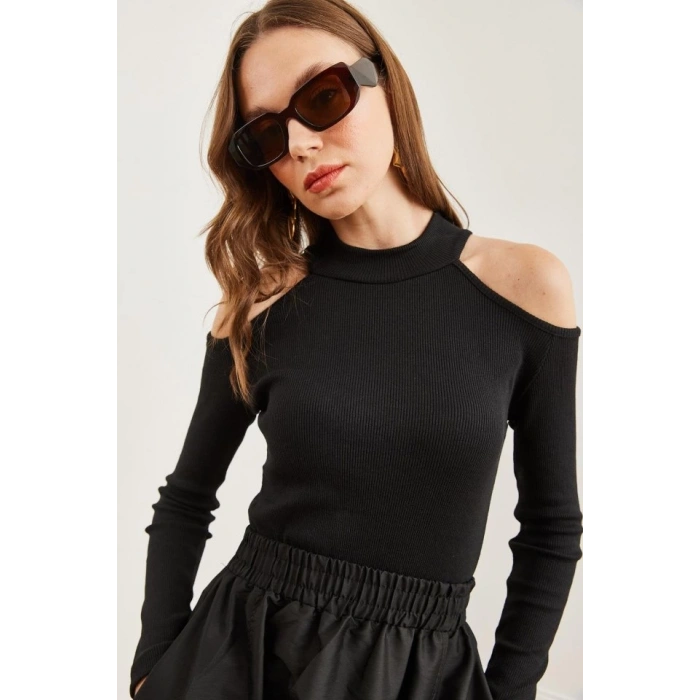 Kadın Uzun Kollu Omuz Dekolteli Kaşkorse Kumaş Bluz