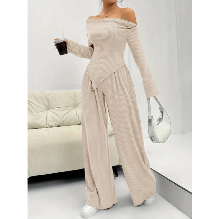 Kadın Uzun Kollu Omuzlardan Açık Asimetrik Kesim Kaşkorse Bluz Ve Pantolon Ikili Pantolon