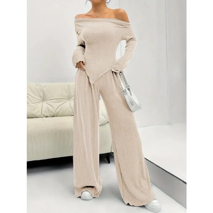 Kadın Uzun Kollu Omuzlardan Açık Asimetrik Kesim Kaşkorse Bluz Ve Pantolon Ikili Pantolon