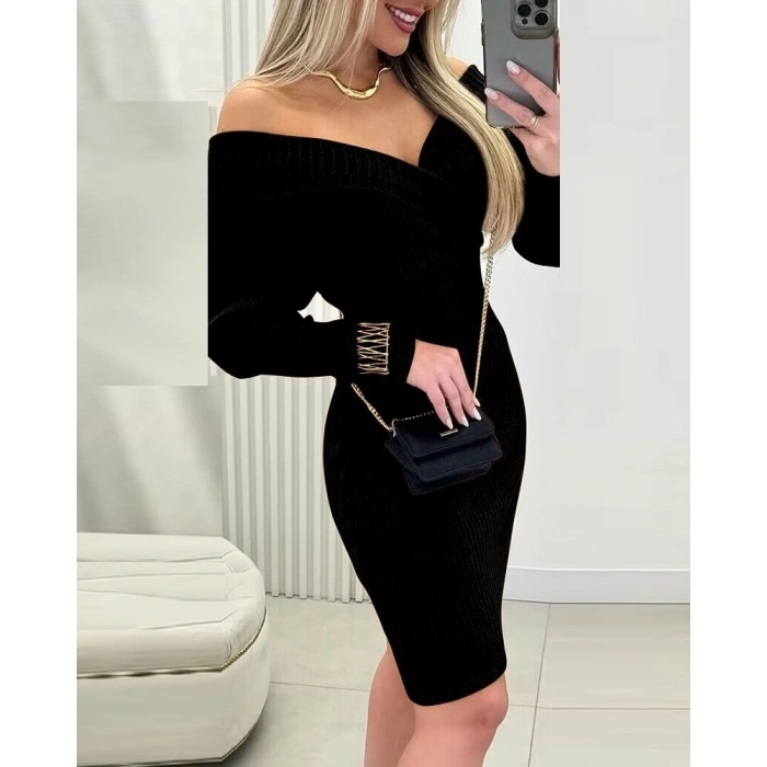 Kadın Uzun Kollu Omuzlardan Açık Kruvaze Yaka Kısa Triko Elbise