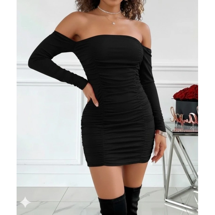 Kadın Uzun Kollu Omuzlardan Açık Takma Kollu Büzgülü Sandy Kısa Elbise