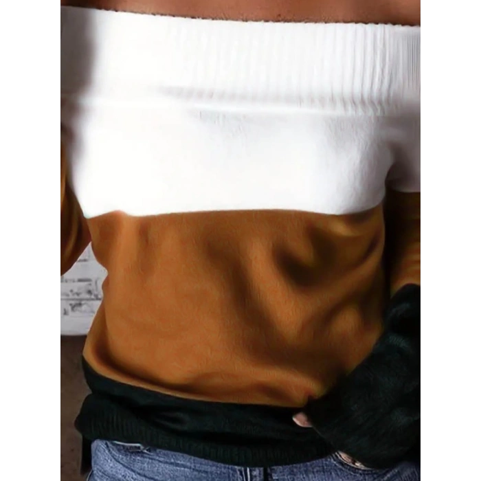 Kadın Uzun Kollu Omuzlardan Açık Uzun Kollu Blok çizgili Triko Bluz