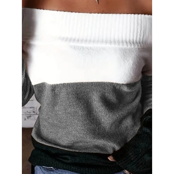 Kadın Uzun Kollu Omuzlardan Açık Uzun Kollu Blok çizgili Triko Bluz