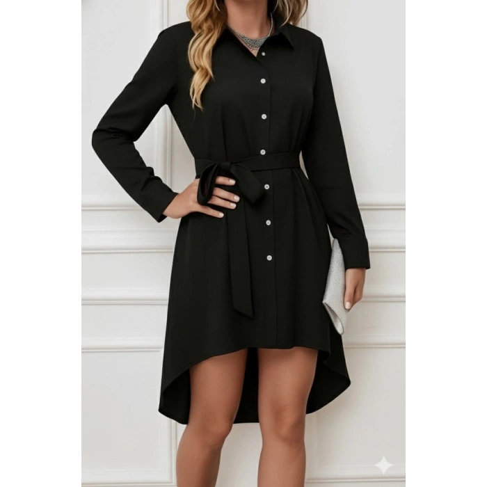 Kadın Uzun Kollu ön Kısım Kısım Arka Kısım Uzun Trikoton Gömlek Elbise