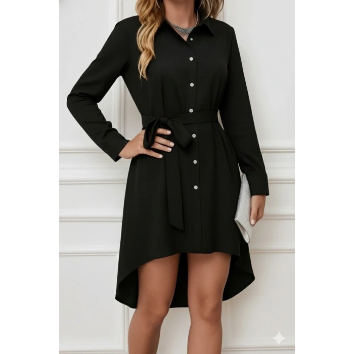 Kadın Uzun Kollu ön Kısım Kısım Arka Kısım Uzun Trikoton Gömlek Elbise