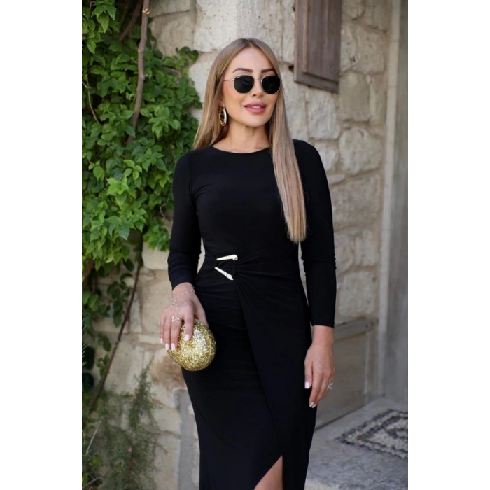 Kadın Uzun Kollu önden çapraz Detaylı Yandan Toka Detaylı Uzun Sandy Elbise