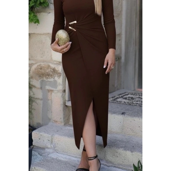 Kadın Uzun Kollu önden çapraz Detaylı Yandan Toka Detaylı Uzun Sandy Elbise