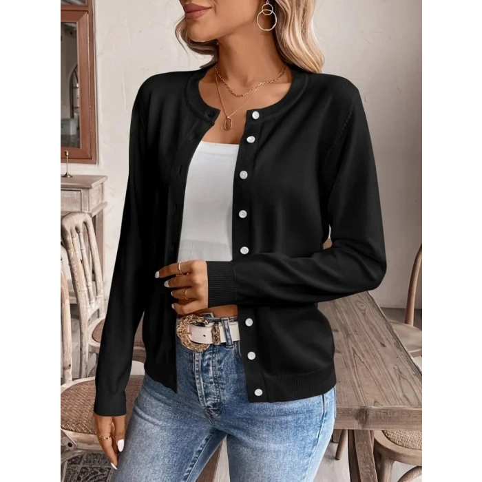 Kadın Uzun Kollu önden Düğmeli Triko Ceket