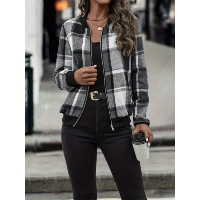 Kadın Uzun Kollu önden Fermuarlı Ekose Desenli Ceket