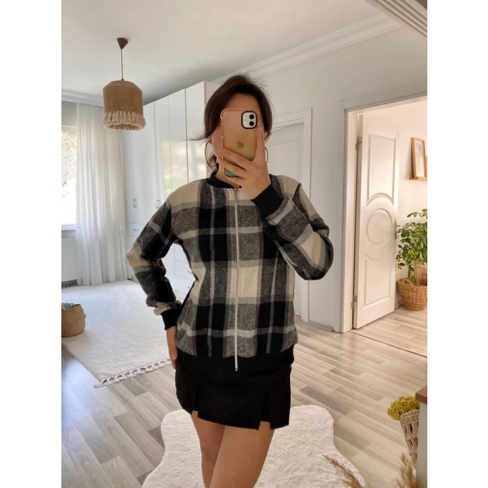Kadın Uzun Kollu önden Fermuarlı Ekose Desenli Ceket
