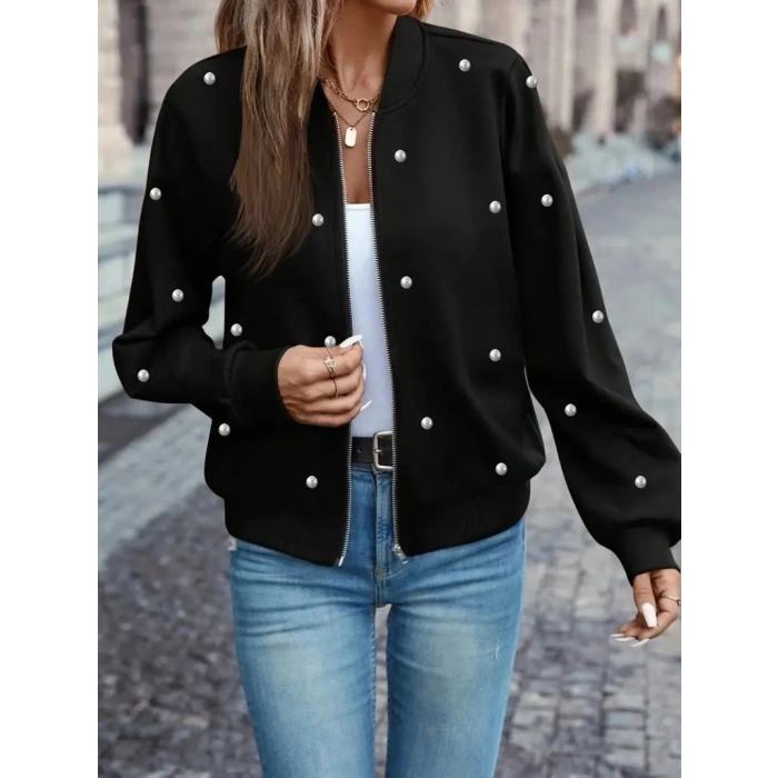 Kadın Uzun Kollu önden Fermuarlı Incili Kısa Modal Ceket