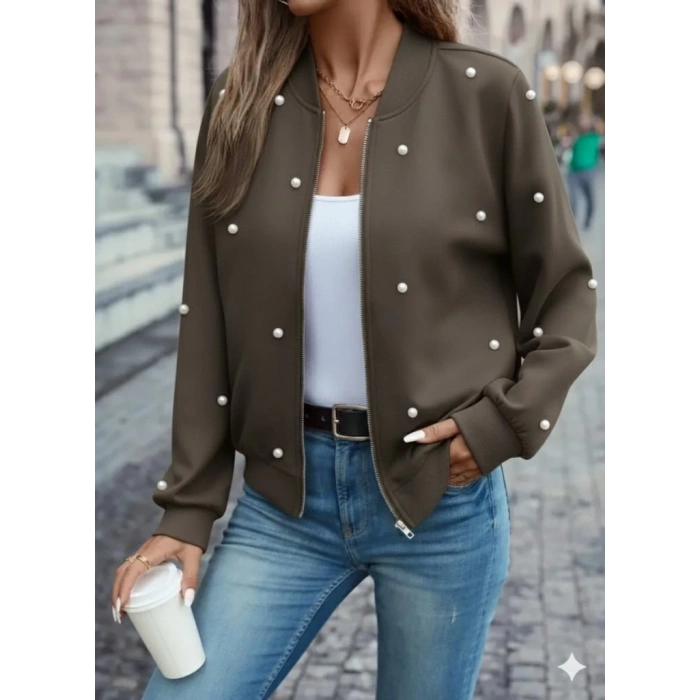 Kadın Uzun Kollu önden Fermuarlı Incili Kısa Modal Ceket