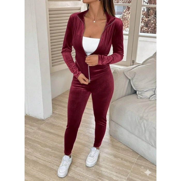 Kadın Uzun Kollu önden Fermuarlı Kadife Bluz Ve Pantolon Ikili Takım