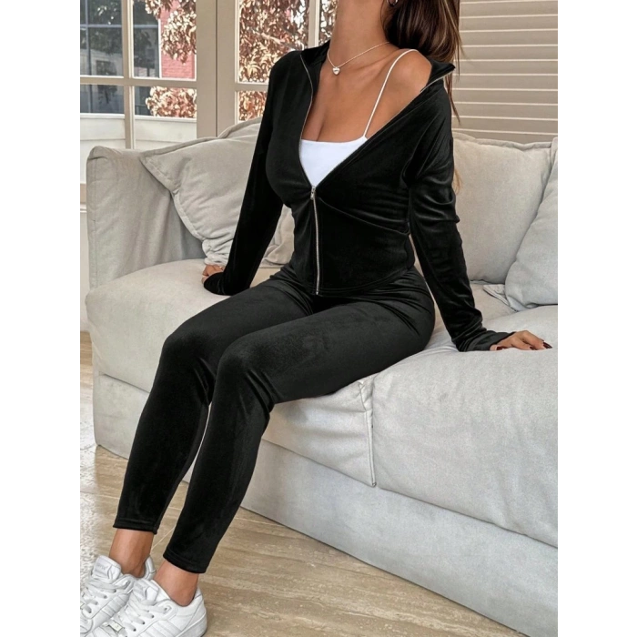 Kadın Uzun Kollu önden Fermuarlı Kadife Bluz Ve Pantolon Ikili Takım