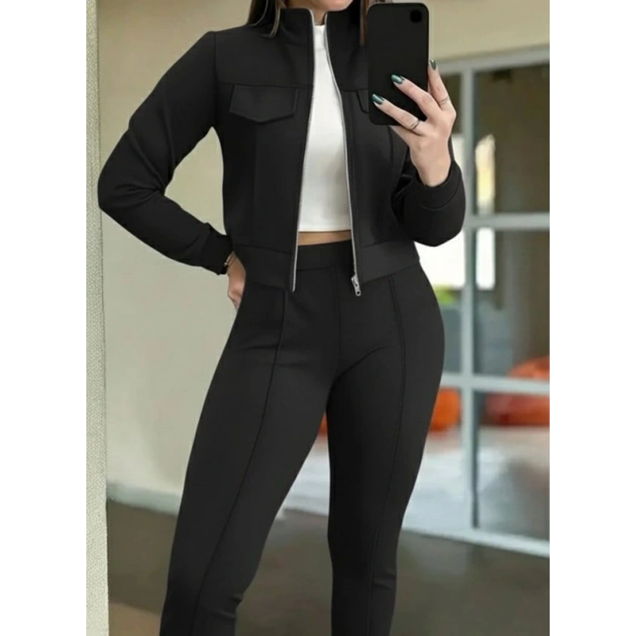 Kadın Uzun Kollu önden Fermuarlı Kısa Modal Ceket Ve Pantolon Ikili Takım