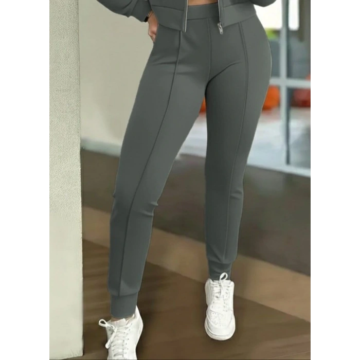 Kadın Uzun Kollu önden Fermuarlı Kısa Modal Ceket Ve Pantolon Ikili Takım