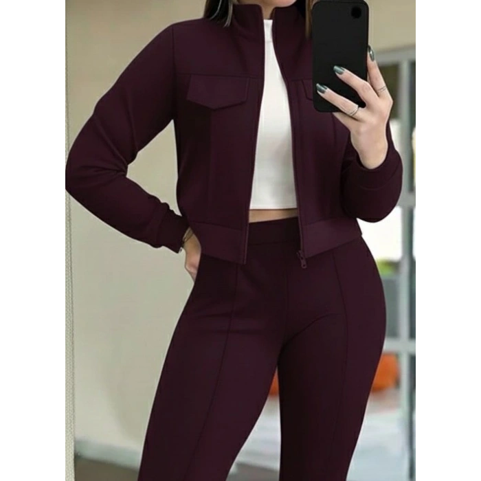 Kadın Uzun Kollu önden Fermuarlı Kısa Modal Mor Ceket Ve Pantolon Ikili Takım