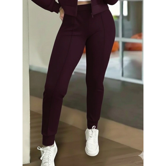 Kadın Uzun Kollu önden Fermuarlı Kısa Modal Mor Ceket Ve Pantolon Ikili Takım