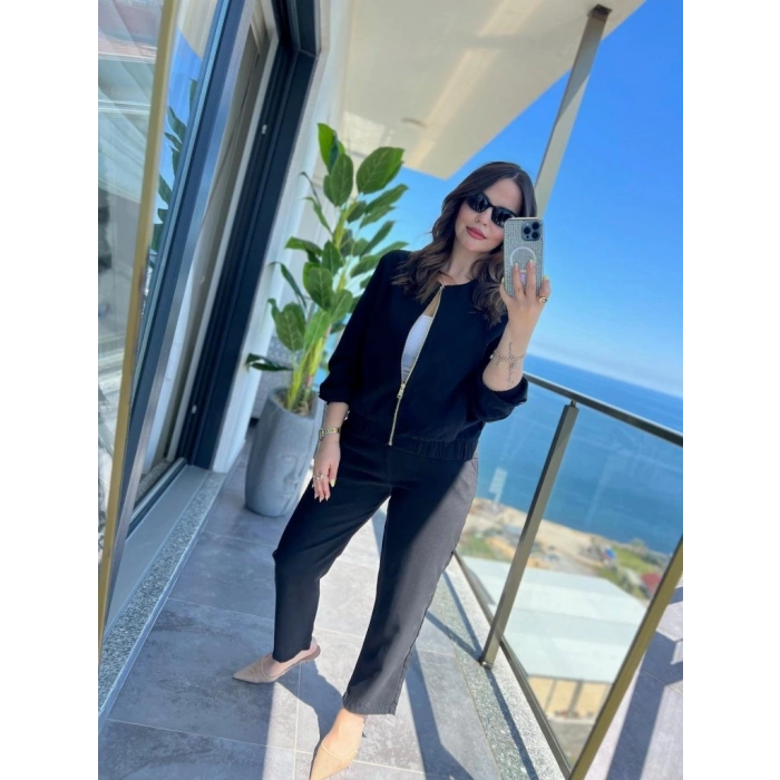 Kadın Uzun Kollu önden Fermuarlı Modal Ceket Ve Pantolon Ikili Takım