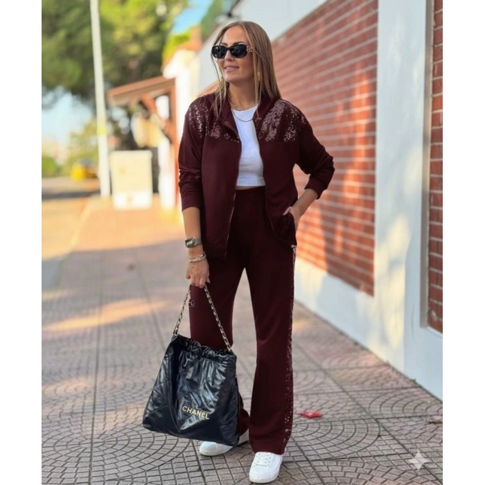 Kadın Uzun Kollu önden Fermuarlı Pul Payetli Alt üst Viskon Iki Iplik Takım