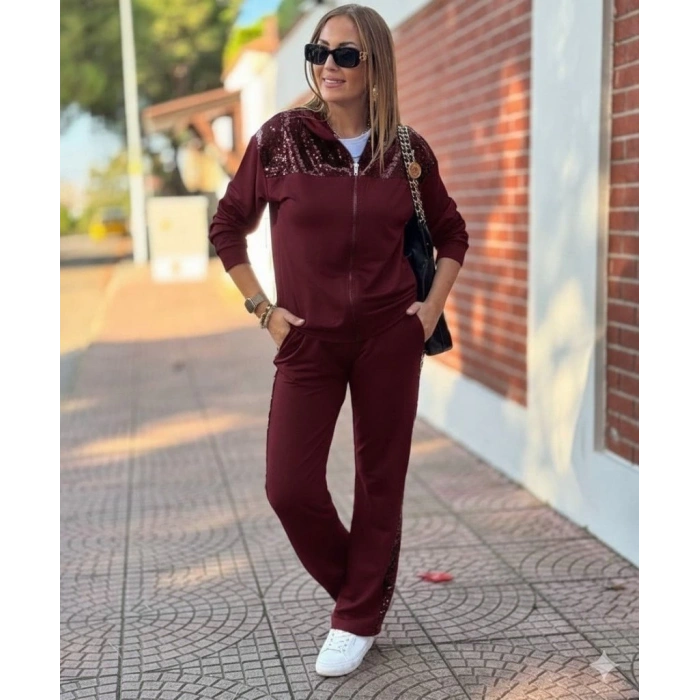 Kadın Uzun Kollu önden Fermuarlı Pul Payetli Alt üst Viskon Iki Iplik Takım