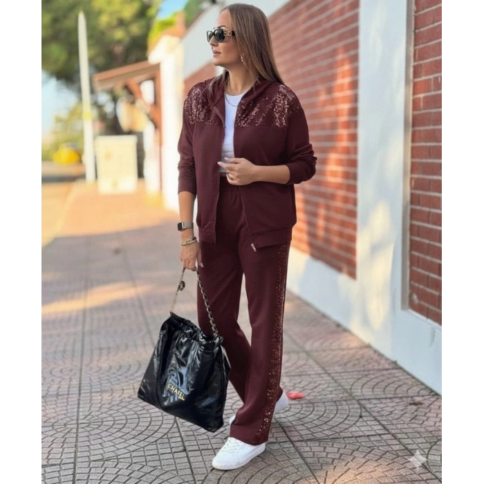 Kadın Uzun Kollu önden Fermuarlı Pul Payetli Alt üst Viskon Iki Iplik Takım