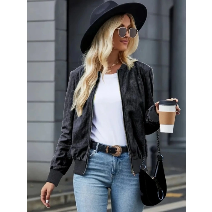 Kadın Uzun Kollu önden Fermuarlı Süet Ceket