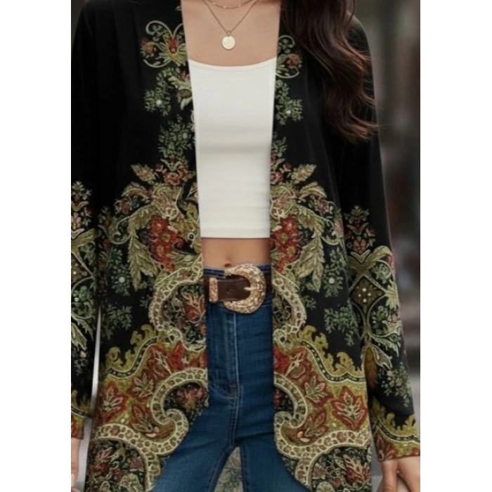 Kadın Uzun Kollu önü Açık Desenli şardonlu Dalgıç Ceket