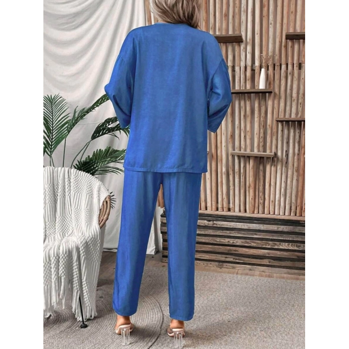 Kadın Uzun Kollu önü Açık Dokuma Ceket Ve Pantolon Ikili Takım